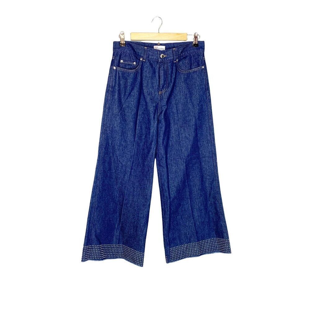 NEW Valentino RED Size 6 Blue Jeans Studded Denim Pants Wide Leg Ankle‎ IT 42